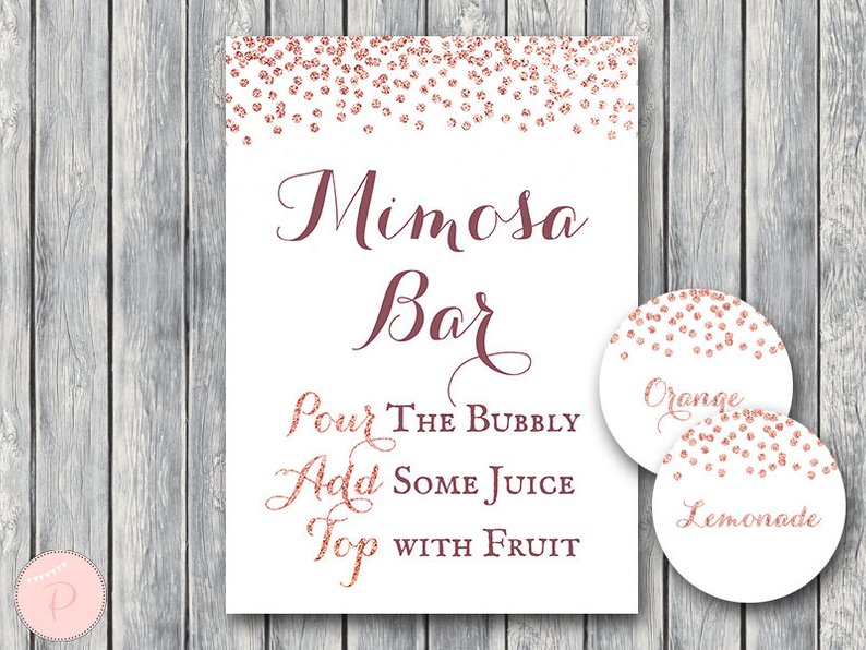 Rose Gold Mimosa Bar Sign with juice tags - Bride + Bows.