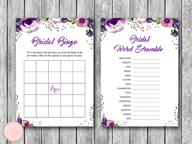 purple floral wedding shower games bingo scramble