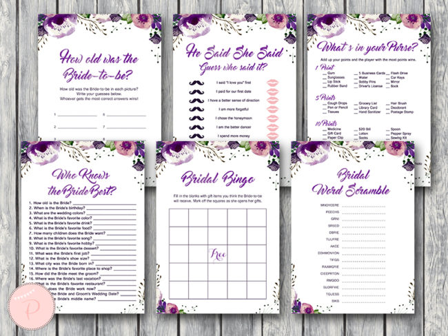 purple floral wedding shower games package