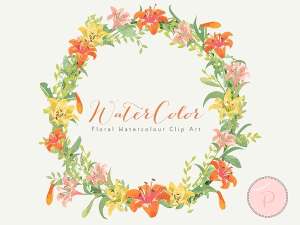 watercolor lily flower wreath and clipart